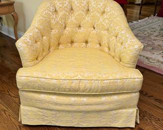 Pair Heritage of Yellow Cotton Damask Upholstered Swivel Chairs. Each Measures 30" W x 32" D. Photo 1 of 3. 