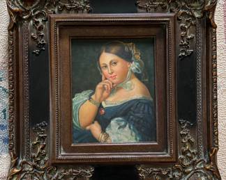 Vintage Folk Art Portrait of Ingres Delphine Ramel. Oil on Canvas. After Jean Auguste Dominique Ingres. 
