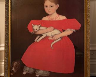 Portrait of A Girl in Red Dress. Reproduction Primitive Folk Art. 