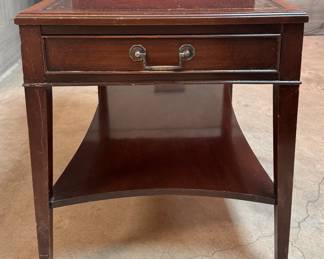 Pair of Vintage Heckman Step Back Side Tables with Tooled Leather Tops. Photo 2 of 5. 