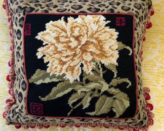 Floral Needlepoint Pillow with Leopard Print Trim. 