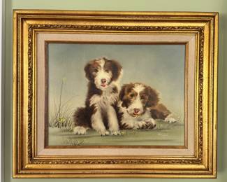 Vintage Oil Painting of Puppies Signed By Artist. Measures 15" x 11" ; 22" x 18" Including Frame. Photo 1 of 2. 