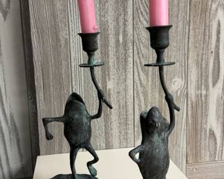 Pair of Vintage Patina Brass Frog Candleholders. Photo 1 of 2. 