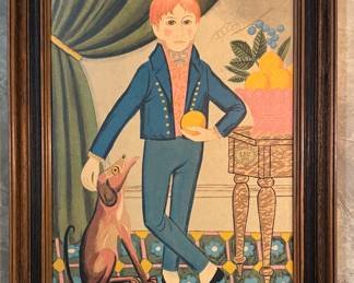 Vintage Folk Art Portrait of Boy with Dog. Measures Measures 17" x 22" Not Including Frame. 