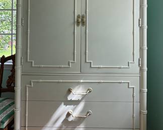 Vintage Thomasville Allegro Chinese Chippendale Faux Bamboo Armoire with Cabinet and Three Drawers. Measures 40" W x 19" D x 61" H. 