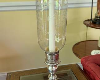 Pair of Sterling Silver Etched Glass Candelabras. Each Measures 17" H. 