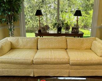 Vintage Henredon Tuxedo Sofa Upholstered in Yellow Cotton Damask Fabric. Measures 98" W x 34" D. Photo 1 of 2. 