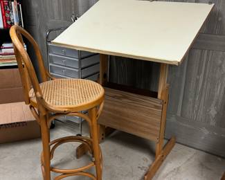Vintage Drafting Table & Thonet Bentwood Chair with Cane Seat. 
