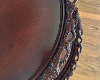 Vintage Mahogany Pie Crust Table with “Lace” Gallery and Claw Feet. Measures 32" H x 24" D. Photo 3 of 5.  