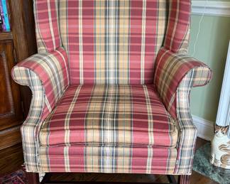 Century Wing Back Chair Upholstered in Plaid Fabric. Measures 34" W x 34" D. Photo 1 of 3. 