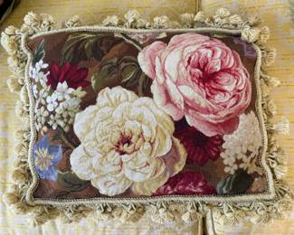 Floral Needlepoint Pillow with Fringe. 