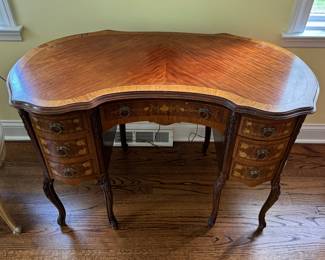 Antique Kidney Shape Desk with Satinwood Inlay & Banding. Had Optional Custom-Cut Glass Topper. Measures 42" W x 20" D x 31" H. Photo 3 of 5. 