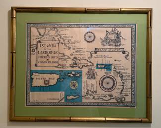 Vintage Framed Map of the Islands of the Caribbean (Puerto Rico & Virgin Islands). 