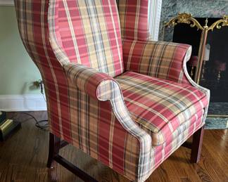 Century Wing Back Chair Upholstered in Plaid Fabric. Measures 34" W x 34" D. Photo 2 of 3. 