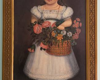 Girl with Basket of Flowers. Vintage American Folk Art After Peter Tillou. 