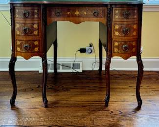 Antique Kidney Shape Desk with Satinwood Inlay & Banding. Had Optional Custom-Cut Glass Topper. Measures 42" W x 20" D x 31" H. Photo 1 of 5. 