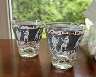 Pair of Vintage Jeanette Blue and White Midcentury Modern Low Ball Whiskey Glasses. One Has Small Chip. 