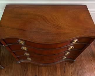 Vintage Drexel Serpentine Front Flame Mahogany 4-Drawer Chest of Drawers. Measures 36" W x 19" D x 32.5" H. Photo 2 of 3. 