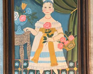 Vintage Folk Art Portrait of Girl Holding Baker of Peonies. Measures 17" x 22" Not Including Frame. 