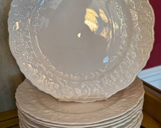 Steubenville "Rose Point" China: Dinner Plates (21), Bread & Butter (21), Tea Cup (18) & Saucers (24). 