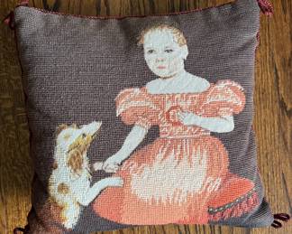 Needlepoint Pillow of Victorian Girl and Dog. 