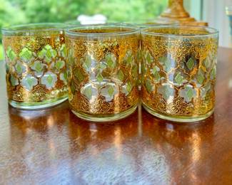 Set of 7 Culver Valencia 22K Gold & Green Filigree Old Fashioned Glasses. 