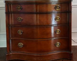Vintage Drexel Serpentine Front Flame Mahogany 4-Drawer Chest of Drawers. Measures 36" W x 19" D x 32.5" H. Photo 1 of 3. 