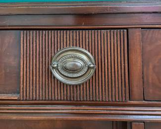 Vintage Flame Mahogany Sideboard with Brass Pulls. Measures 60" W x 19" D x 36" H. Photo 3 of 4.