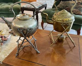 silverplate and brass spirit kettles