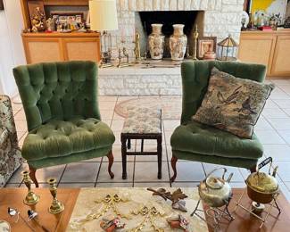 velvet chairs, Italian Cartapesta angel ornaments, silverplate and brass spirit kettles