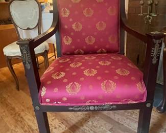 French Empire armchair with brass ormolu, one of a pair