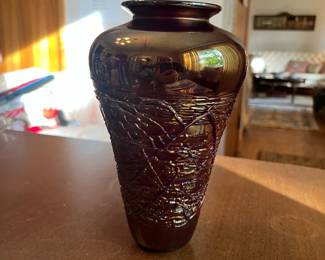 Chris Healy art glass vase with layered threading.
