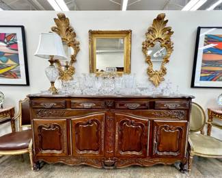 Large carved French buffet; American Brilliant cut glass, antique gilt mirrors