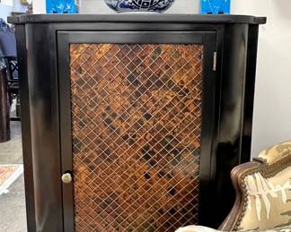 Pair of mid-century small consoles with faux tortoise under brass inlay