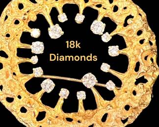 18k, diamonds - 1950’s Brutalist brooch pendant