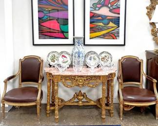 Pair French gilt console tables with pink marble tops