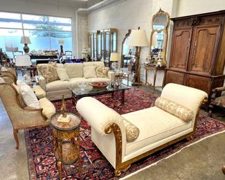 French Buffet a Deux, French Chaise, antique Oriental rug, faux tortoise painted gallery table