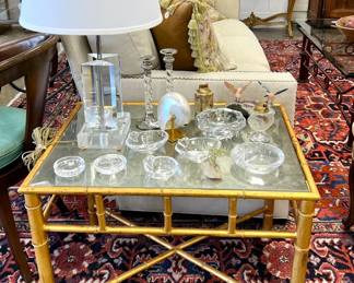 Pair gilt metal mirrored side tables; vintage fine crystal ashtrays and lighters