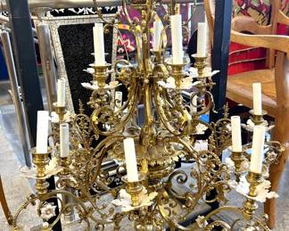 Antique French brass and silver chandelier on custom stand