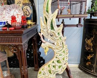 Very large vintage concrete and mirror Thai naga statue