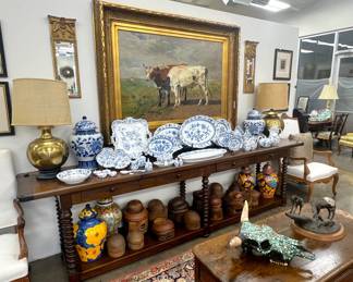 Alfred Verwee oil on canvas painting of cows; very long table with barley twist lets; Meissen collection