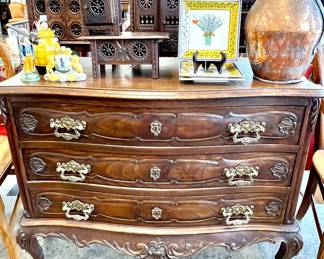 French three-drawer chest with brass pulls; Breton miniature carved furniture