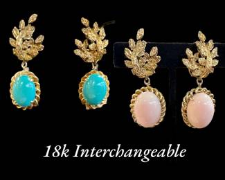 Vintage 18k earrings with Persian turquoise and coral interchangeable pendants. This is one of our favorite things in this sale!