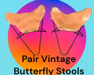 Pair Vintage Butterfly stools with leather seats