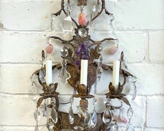 Mid Century wall sconce with amethyst grapes, clear crystal and rose quartz detail