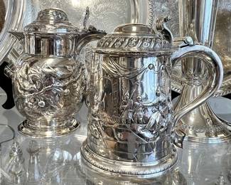 Sterling lidded tankards