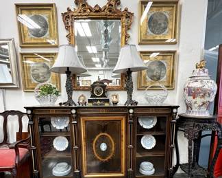 French Napoleon III sideboard; gilt mirror, French engravings