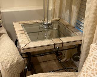 side table with wrought Iron  with glass top  lamp