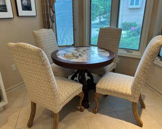 table granite and wood table with upholstered chairs