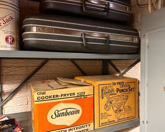 Some vintage Samsonite Luggage ~ A Vintage MCM Harvest Gold SunBeam Cooker/Fryer MINT in the original box ~ A Vintage Anchor Hocking26 Piece Punch Bowl Set! Unopened! 